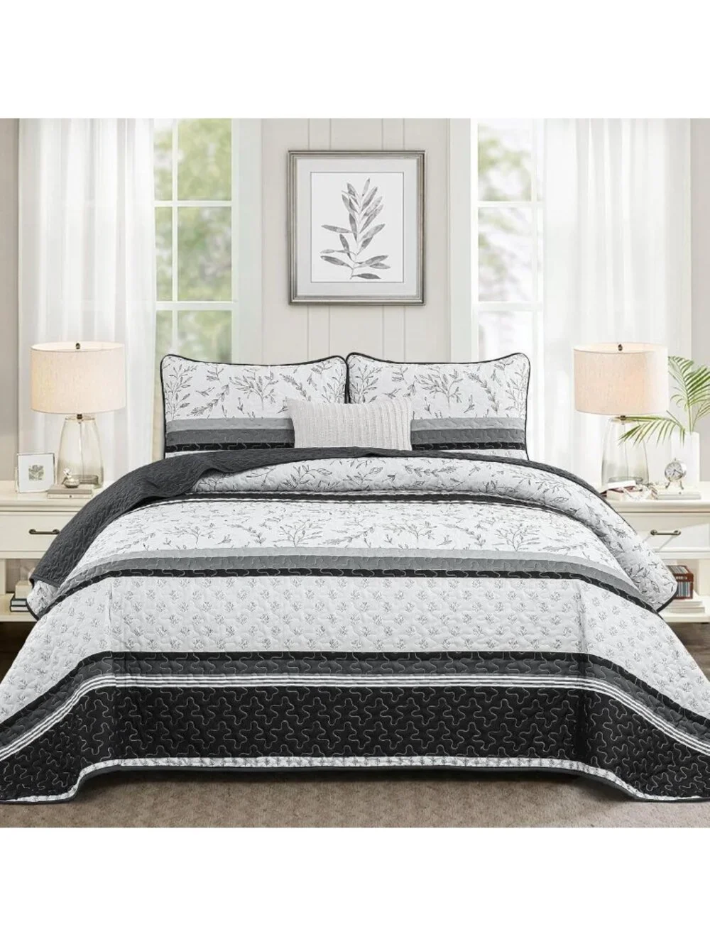 Boho Black Striped Queen Quilt Set, Lightweight Patchwork Bedspread & 2